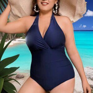 🆕 Plus Size Curvy Halter One Piece Swimsuit Navy Blue 0XL Moderate Stretch